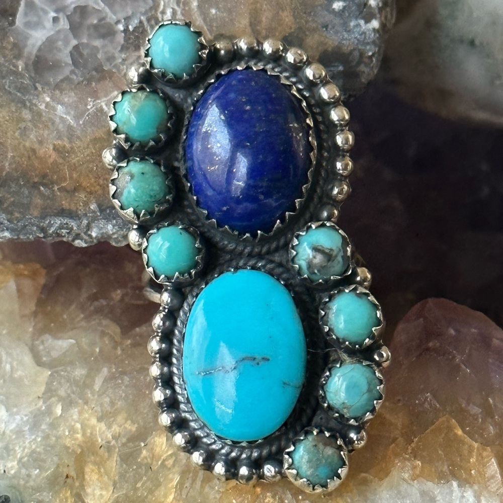 Turquoise Lapis Statement Sterling Silver Ring - image 7
